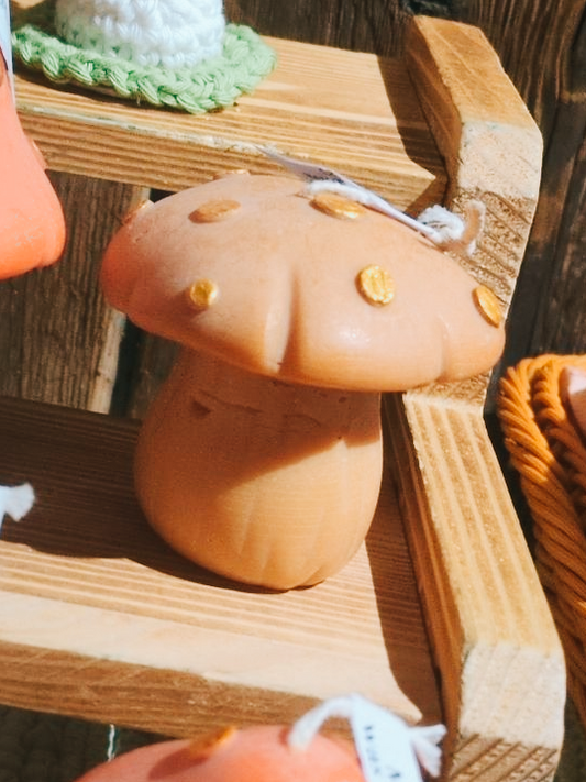 Small orange mushroom candle from VitaUnlimited with a detailed mushroom shape and warm candle wax interior.