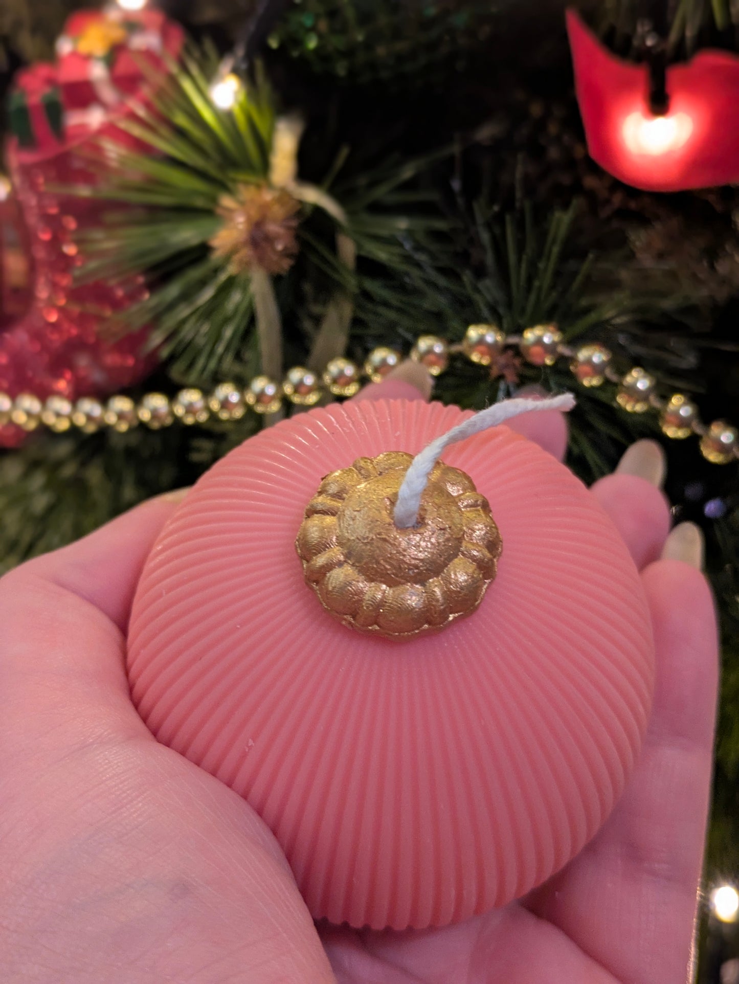 Christmas Vintage Bauble Candles - Pink Ribbed - VitaUnlimited