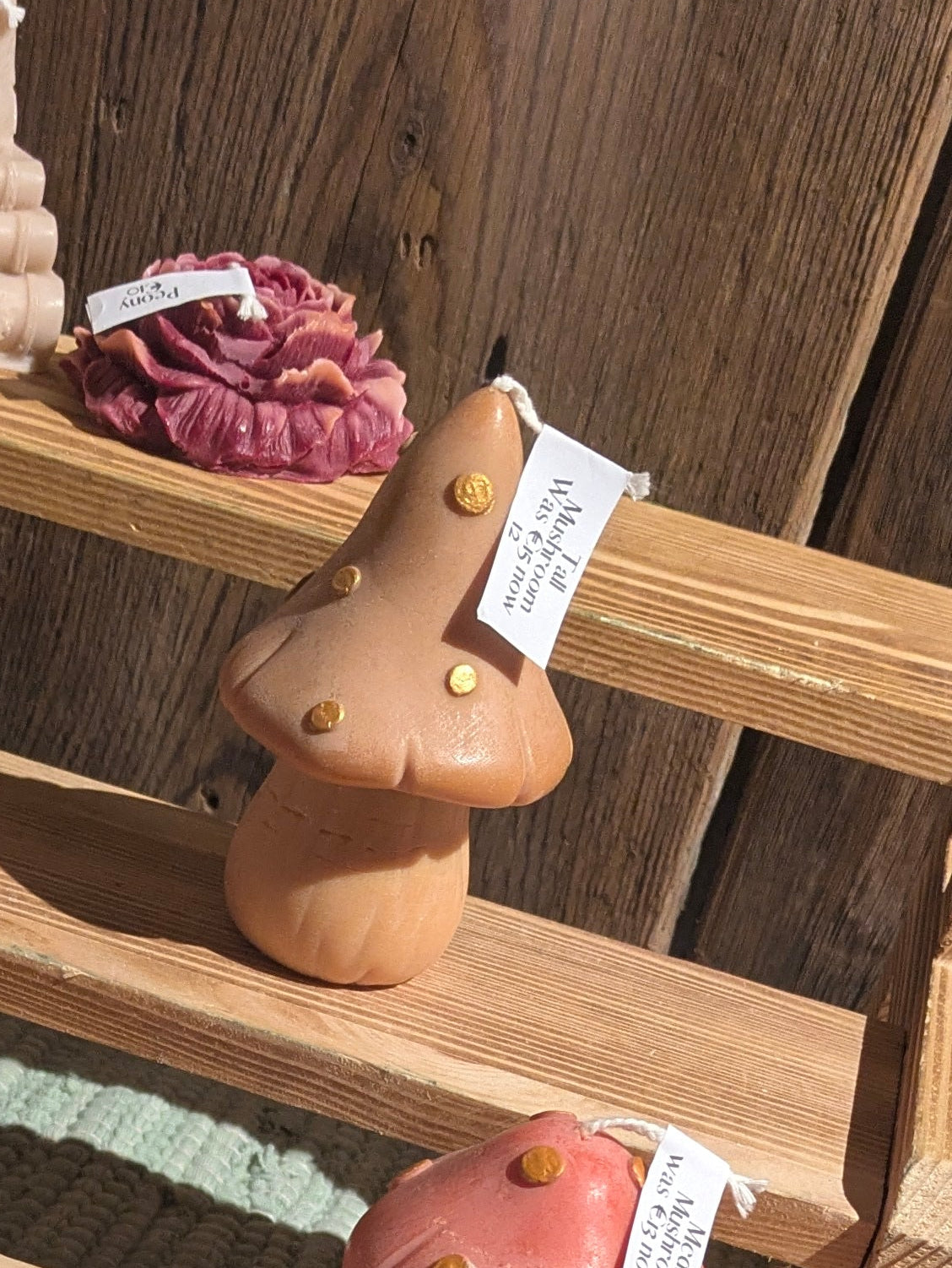 Tall Mushroom Candles by VitaUnlimited, featuring beige mushroom-shaped wax candles with textured surface and tall, slender design.